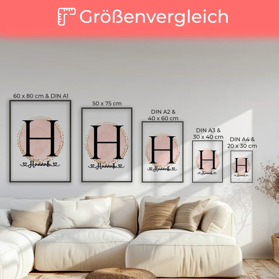 Personalisiertes Buchstaben Poster H Wasserfarbe Kreis Rosa A-Z