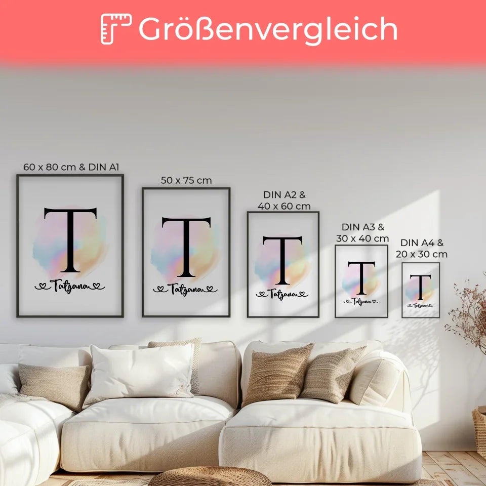 Personalisierte Poster mit Anfangsbuchstaben T und Farbtupfer A-Z