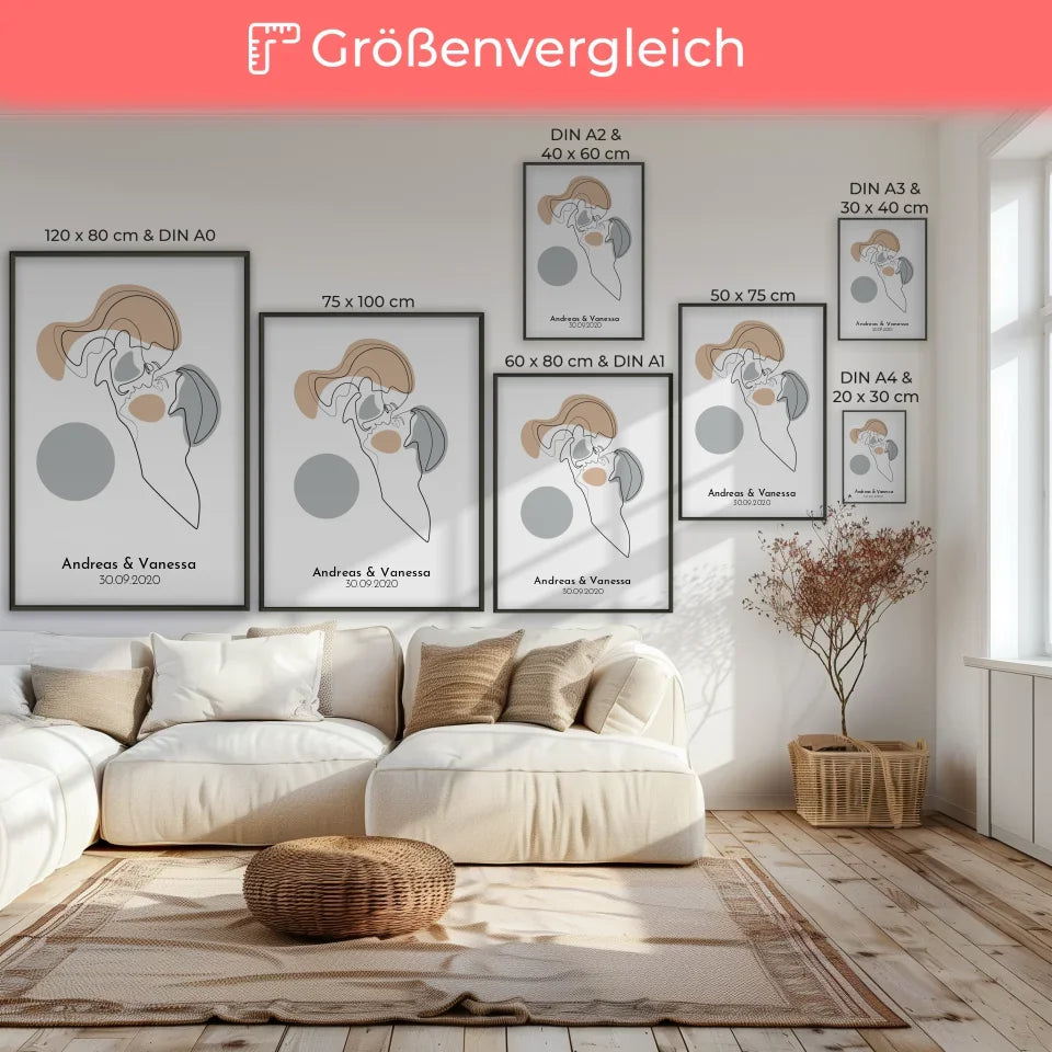 Personalisiertes Liebesposter Art Line Erster Kuss Linien Gesichter Mit Namen und Datum 7