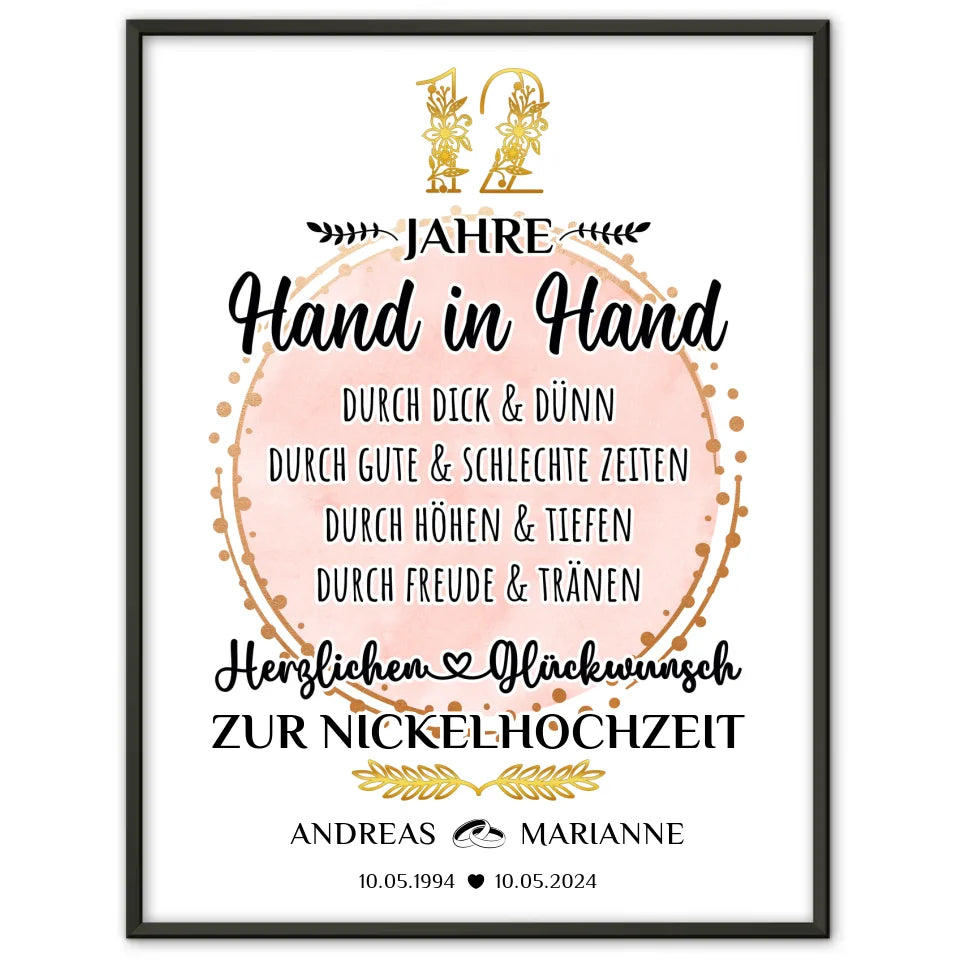 Personalisierte Poster Geschenk zur Nickelhochzeit 12 Hochzeitstag Hand in Hand