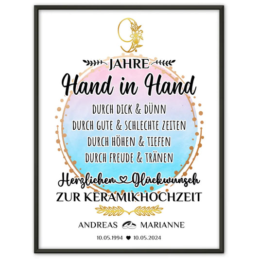 Personalisierte Poster Geschenk 9 Hochzeitstag zur Keramikhochzeit Hand in Hand Mit Namen 1