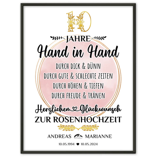 Personalisiertes Poster Geschenk zum 10 Hochzeitstag zur Rosenhochzeit mit Namen 1