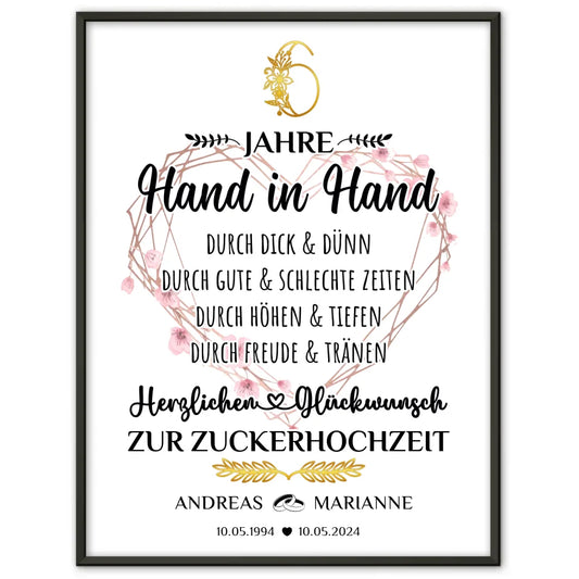 Personalisiertes Poster Geschenk 6 Hochzeitstag zur Zuckerhochzeit Hand in Hand mit Namen 1