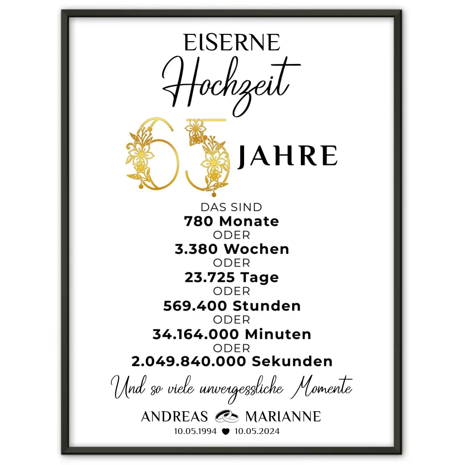 Personalisierte Geschenke Poster für 65 Hochzeitstag zur Eisernen Hochzeit Momente