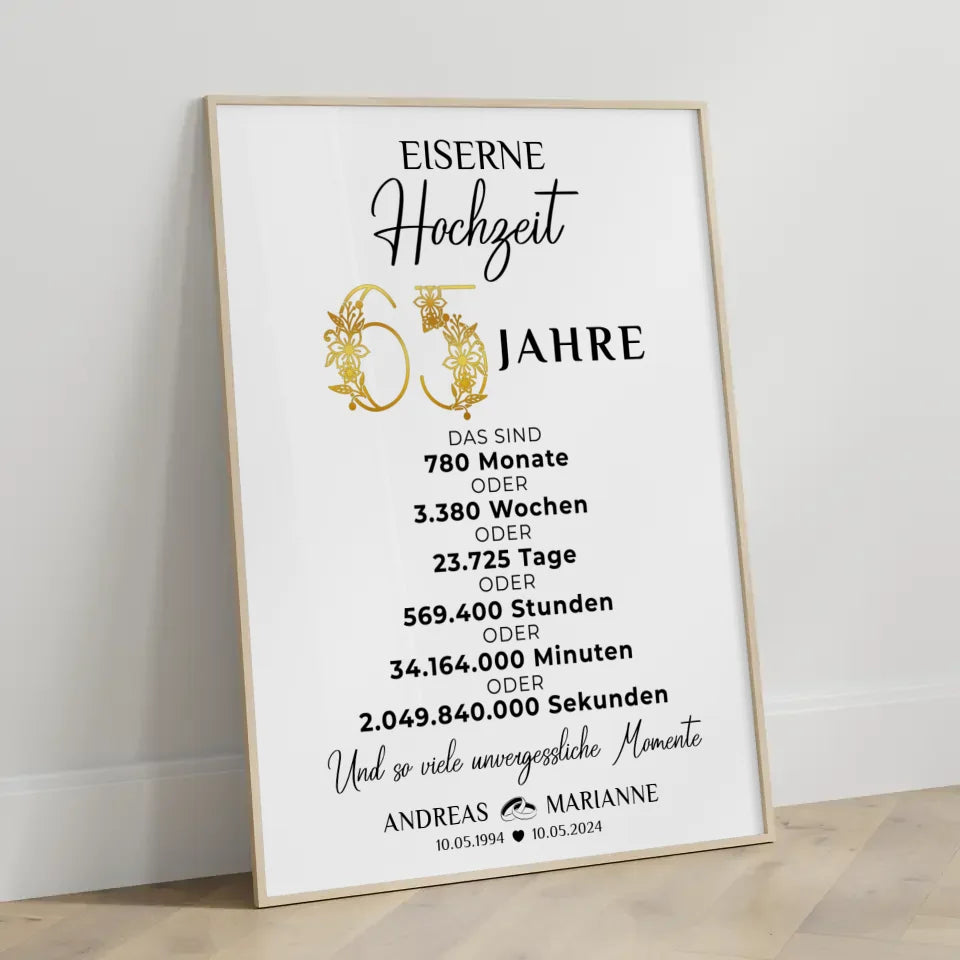 Personalisierte Geschenke Poster für 65 Hochzeitstag zur Eisernen Hochzeit Momente