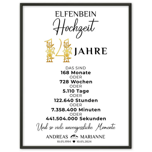 Personalisierte Geschenke Poster Momente 14 Hochzeitstag zur Elfenbeinhochzeit 1