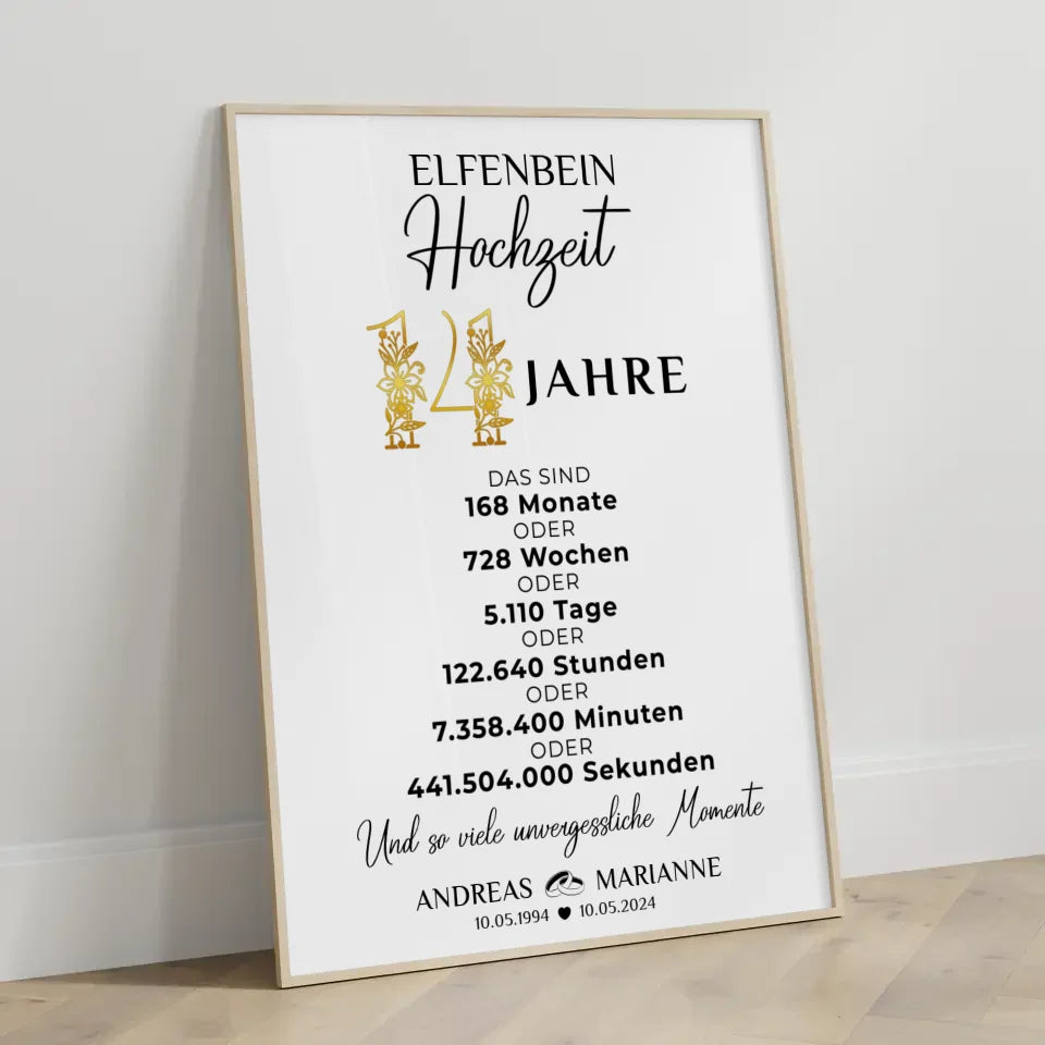 Personalisierte Geschenke Poster Momente 14 Hochzeitstag zur Elfenbeinhochzeit