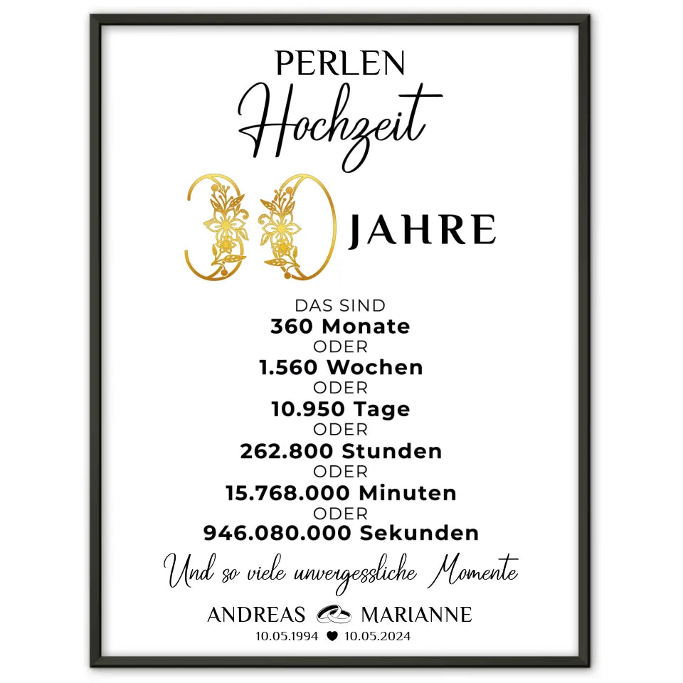 Personalisiertes Geschenk Poster für 30 Hochzeitstag zur Perlenhochzeit