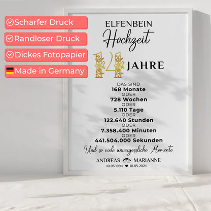 Personalisierte Geschenke Poster Momente 14 Hochzeitstag zur Elfenbeinhochzeit