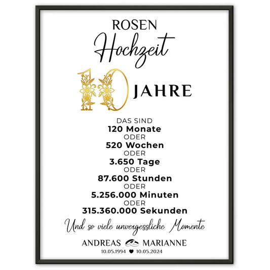 Personalisierte Geschenke Poster für den 10 Hochzeitstag zur Rosenhochzeit Momente