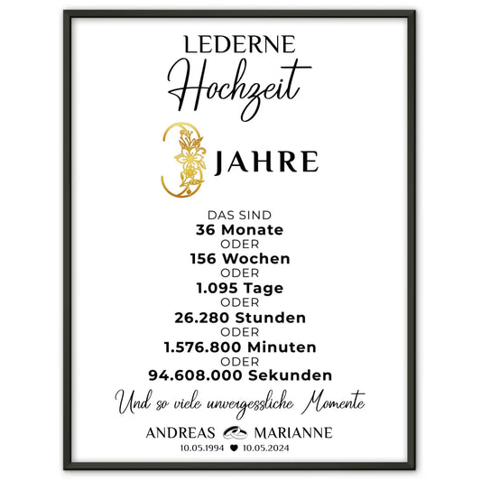Personalisierte Geschenke Poster Momente 3 Hochzeitstag zur Lederne Hochzeit 1