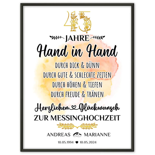 Poster Geschenk 45 Hochzeitstag zur Messinghochzeit mit Namen Hand in Hand