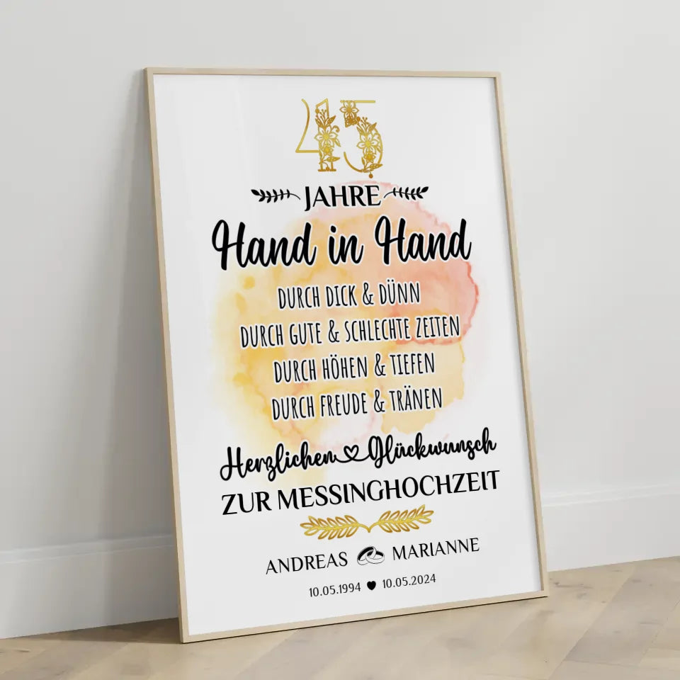 Poster Geschenk 45 Hochzeitstag zur Messinghochzeit mit Namen Hand in Hand 3