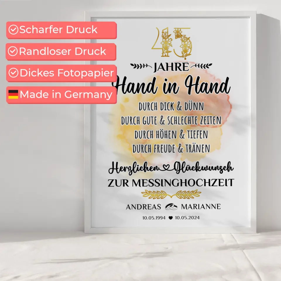 Poster Geschenk 45 Hochzeitstag zur Messinghochzeit mit Namen Hand in Hand 6