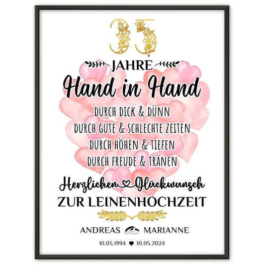 Personalisierte Poster Geschenk 35 Hochzeitstag zur Leinenhochzeit Hand in Hand 1