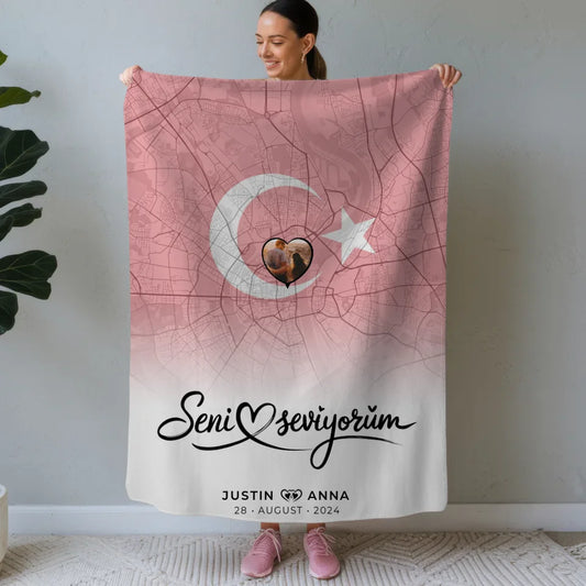 Personalisiert Foto Decke Paare Stadtkarte Türkei Seni Seviyorum 1