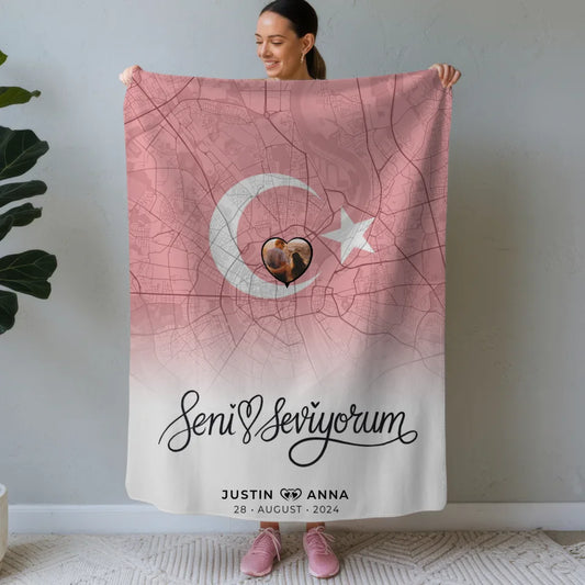 personalisierte decke mit foto stadtkarte turkei seni seviyorum Stadtkarte für Paare Urlaub 1