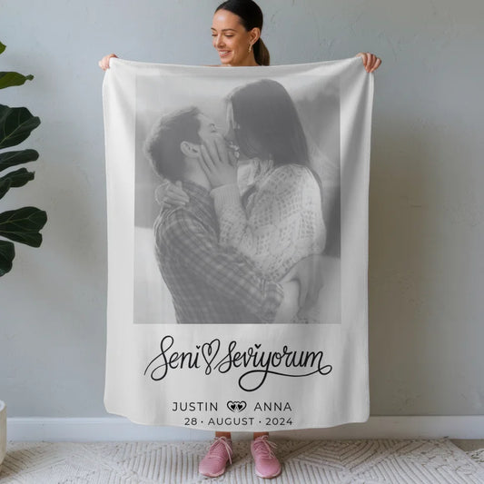 Personalisierte Foto Decke Paare mit Namen Seni Seviyorum 1