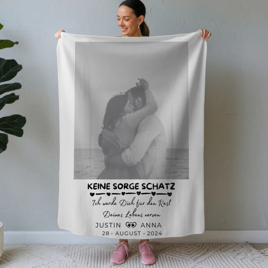 Personalisierte Decke mit Foto für Paare mit Namen Keine Sorge Schatz 1