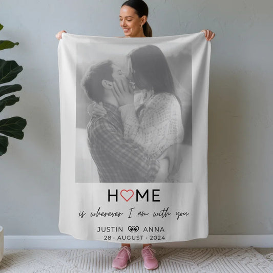 Personalisierte Foto Decke für Paare mit Namen Home Is Wherever I Am With You 1