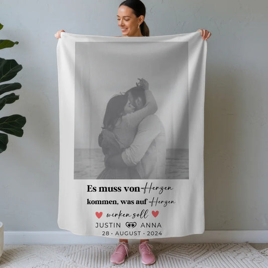 Personalisierte Foto-Decke für Paare mit Namen von Herzen Black & White 1