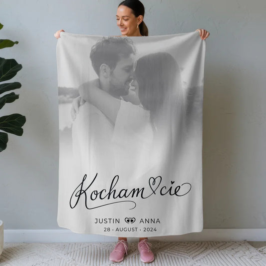 Personalisierte Decke Paare Foto Schwarz Weiß Kocham Cie mit Namen 1