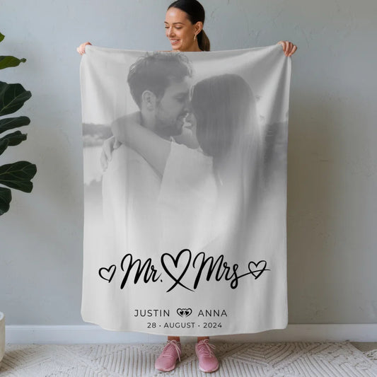 personalisiert decke paare foto schwarz weiss mr mrs namen Schwarz Weiß Foto mit Spruch 1