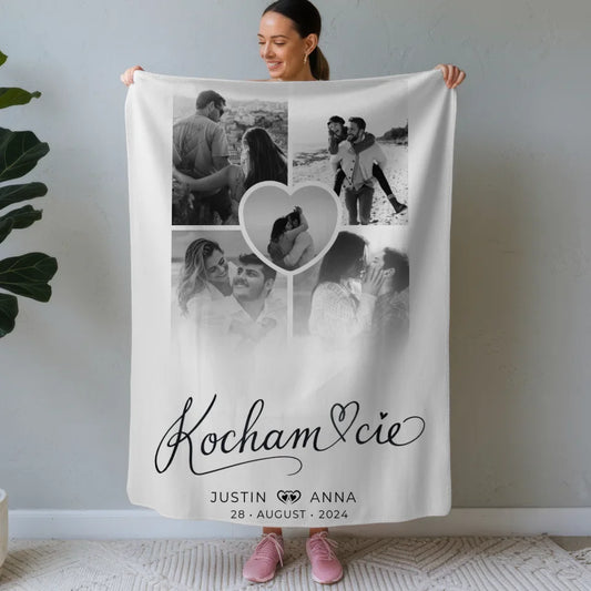 Personalisierte Decke Paare Fotocollage 5 Fotos Kocham Cie mit Namen 1