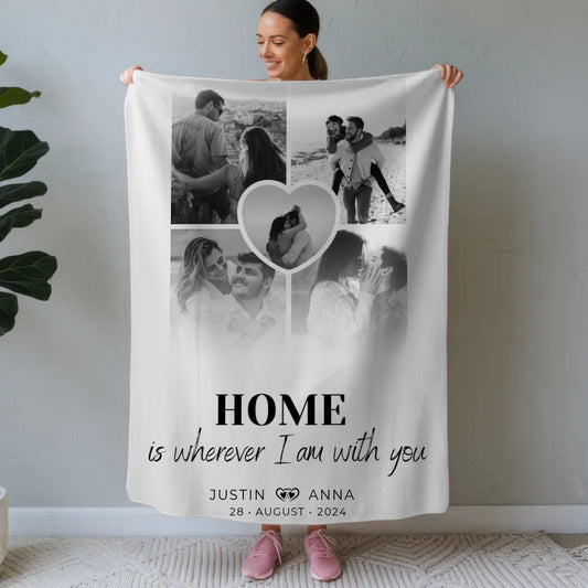 Personalisierte Decke Paare Fotocollage 5 Fotos Home Is Wherever 1