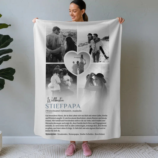 Personalisierte Decke mit Name Stiefpapa Definition 5 Fotos Black & White 1