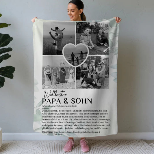 Personalisierte Decke Papa Sohn 5 Fotos Schwarz Weiß Eukalyptus Stil 1
