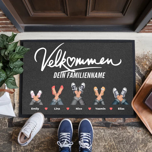 Personalisierte Fußmatte Schuhe und Pfoten Willkommen Velkommen 1