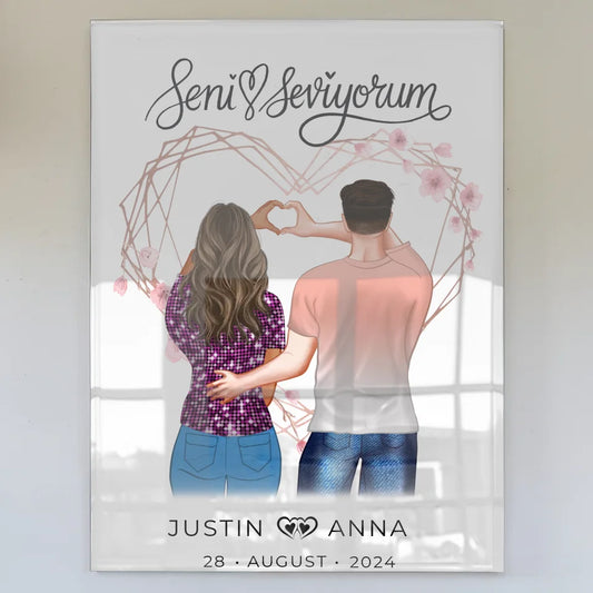 Personalisiertes Acrylglas Bild für Paare mit Namen Seni Seviyorum Figuren
