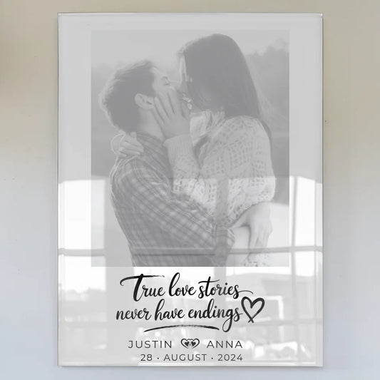 Personalisiertes Acrylglas Bild Paare mit Namen True Love Stories Foto Schwarz Weiß