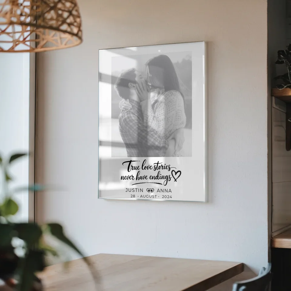 Personalisiertes Acrylglas Bild Paare mit Namen True Love Stories Foto Schwarz Weiß
