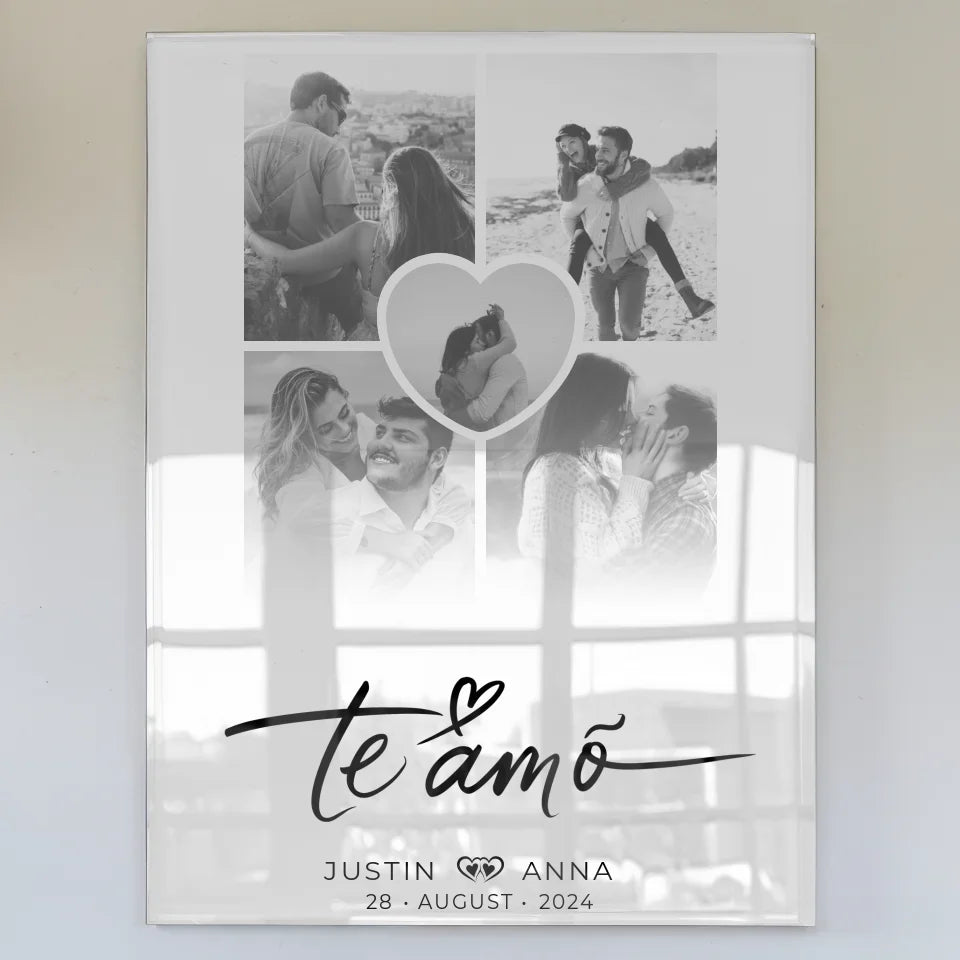 Acrylglas Bild personalisiert Paare Fotocollage 5 Fotos Te Amo mit Namen