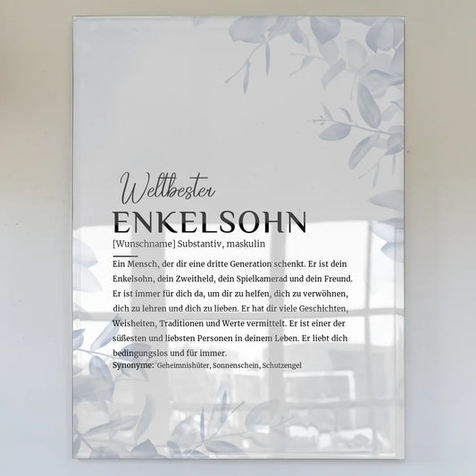 Acrylglas Bild personalisiert Enkelsohn Wasserfarben Hellblau mit Name
