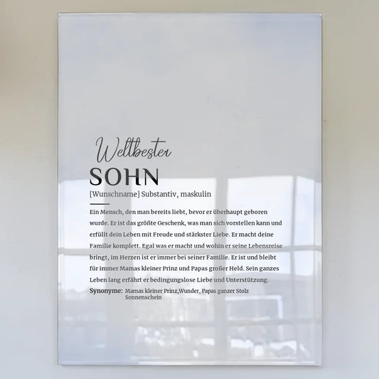 Personalisiertes Acrylglas Bild Sohn im Wasserfarben Stil Hellblau mit Name