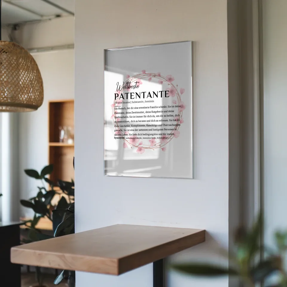 Personalisiertes Acrylglas Bild Definition Patentante mit Name Blütenkranz