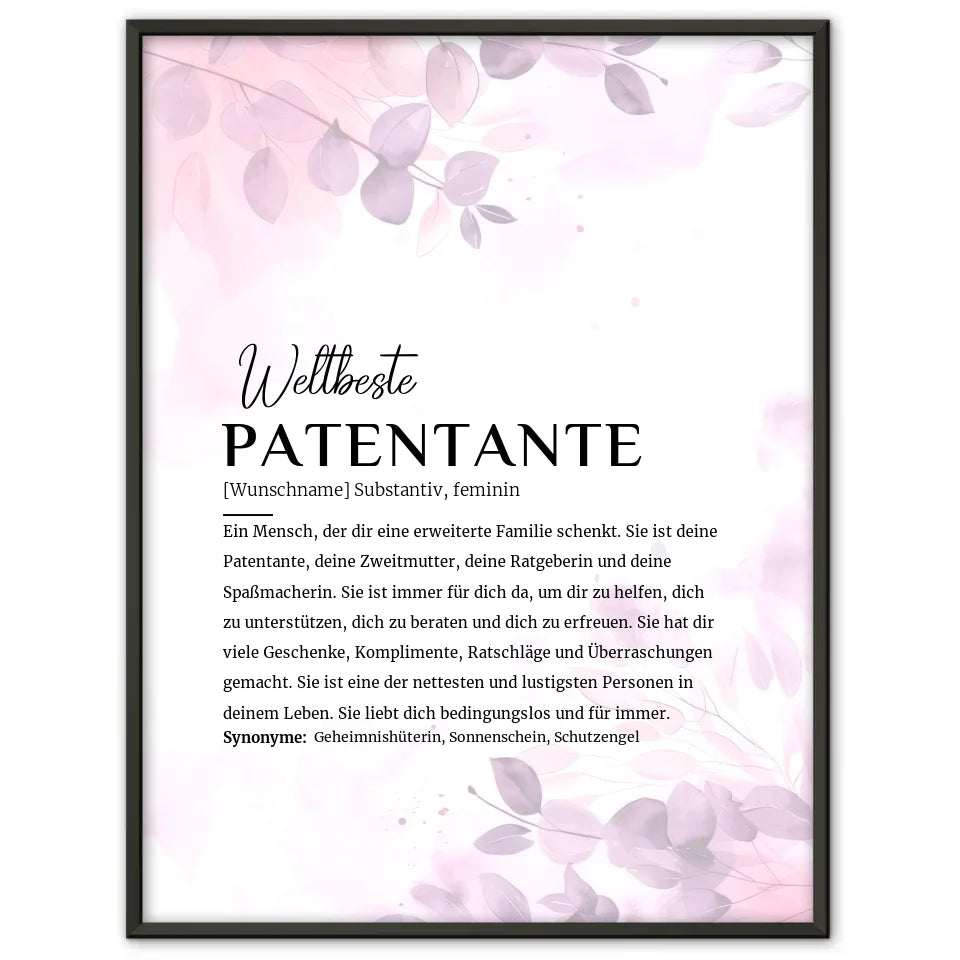 Personalisiertes Poster Definition Patentante Pink Rosa Floral mit Name 1