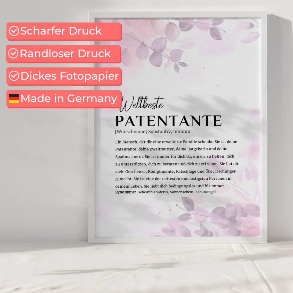 Personalisiertes Poster Definition Patentante Pink Rosa Floral mit Name 6