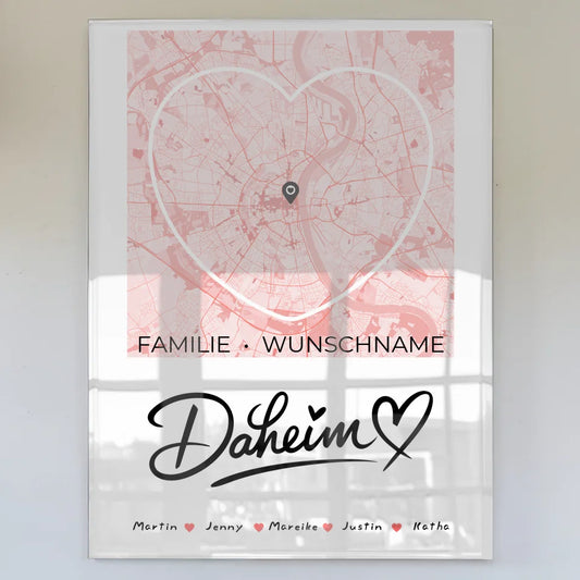 personalisiertes familien acrylglas bild stadtkarte daheim herzform Familiendesign mit Stadtkarte 1