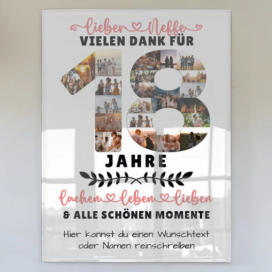 personalisiertes acrylglas bild neffe 18 geburtstag fotos lachen leben Geburtstags Design mit Fotos in Zahlen Vertikal 1