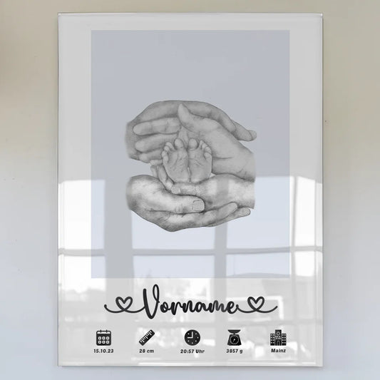 Personalisiertes Acrylglas Bild Geburtsdaten Hände Capriblau Kinderzimmer