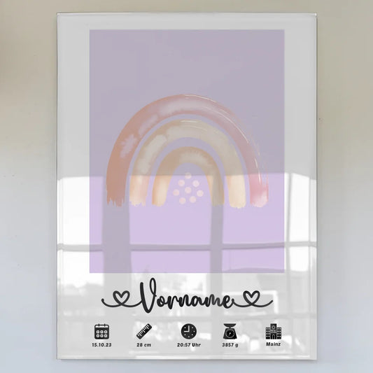 Acrylglas Bild Personalisiert Geburtsdaten Regenbogen Beige Flieder