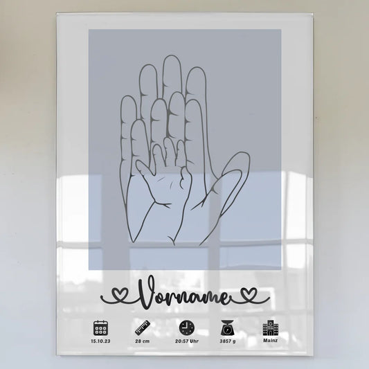 Personalisiertes Acrylglas Bild Geburt mit Namen Hände Lineart Blau Pastell