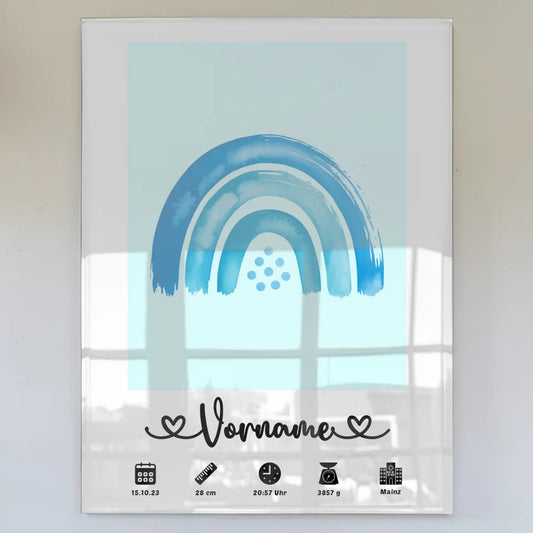 Acrylglas Bild Geburt Regenbogen Azurblau Mintgrün personalisiert Kinderzimmer