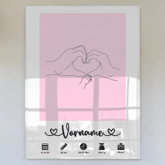 Personalisiertes Acrylglas Bild Geburtsdaten Hände Lineart Hellrosa