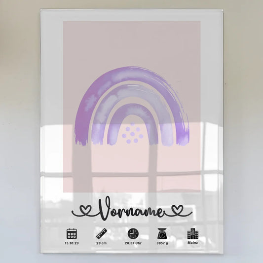 Personalisiertes Acrylglas Bild mit Geburtsdaten Regenbogen Lila Rotviolett