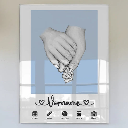 Personalisiertes Acrylglas Bild Geburt mit Geburtsdaten und Händen Lichtblau